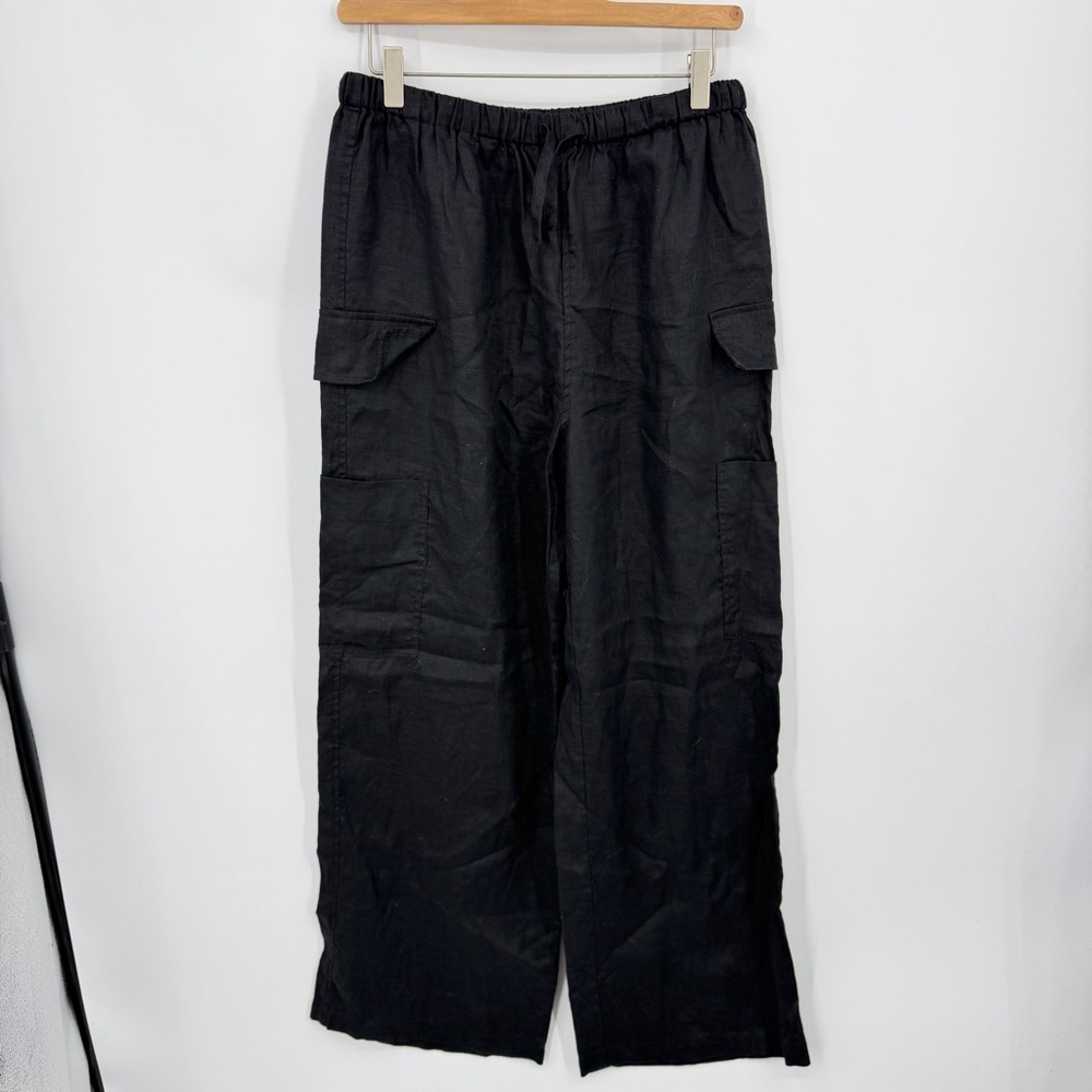 Magaschoni | black Linen Cargo Wide Leg Pants Drawstring Waist Size‎ M pull on